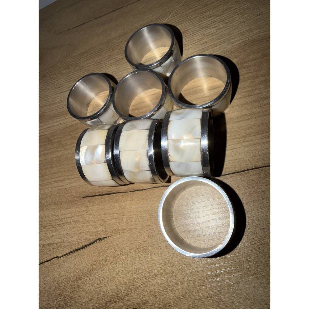 Mother of Pearl Abalone Shell Silver Tone Chrome Napkin Ring Set 6 Pcs Beachy